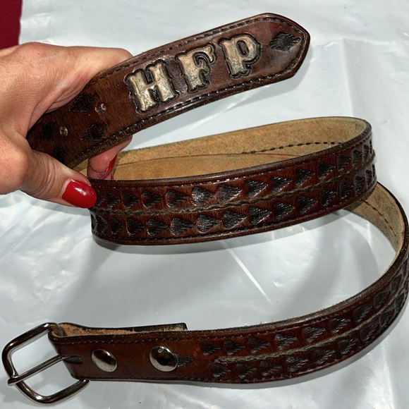 Vintage Brown Leather Belt with Black Heart Motif and Brass Initials HFP - Picture 9 of 10